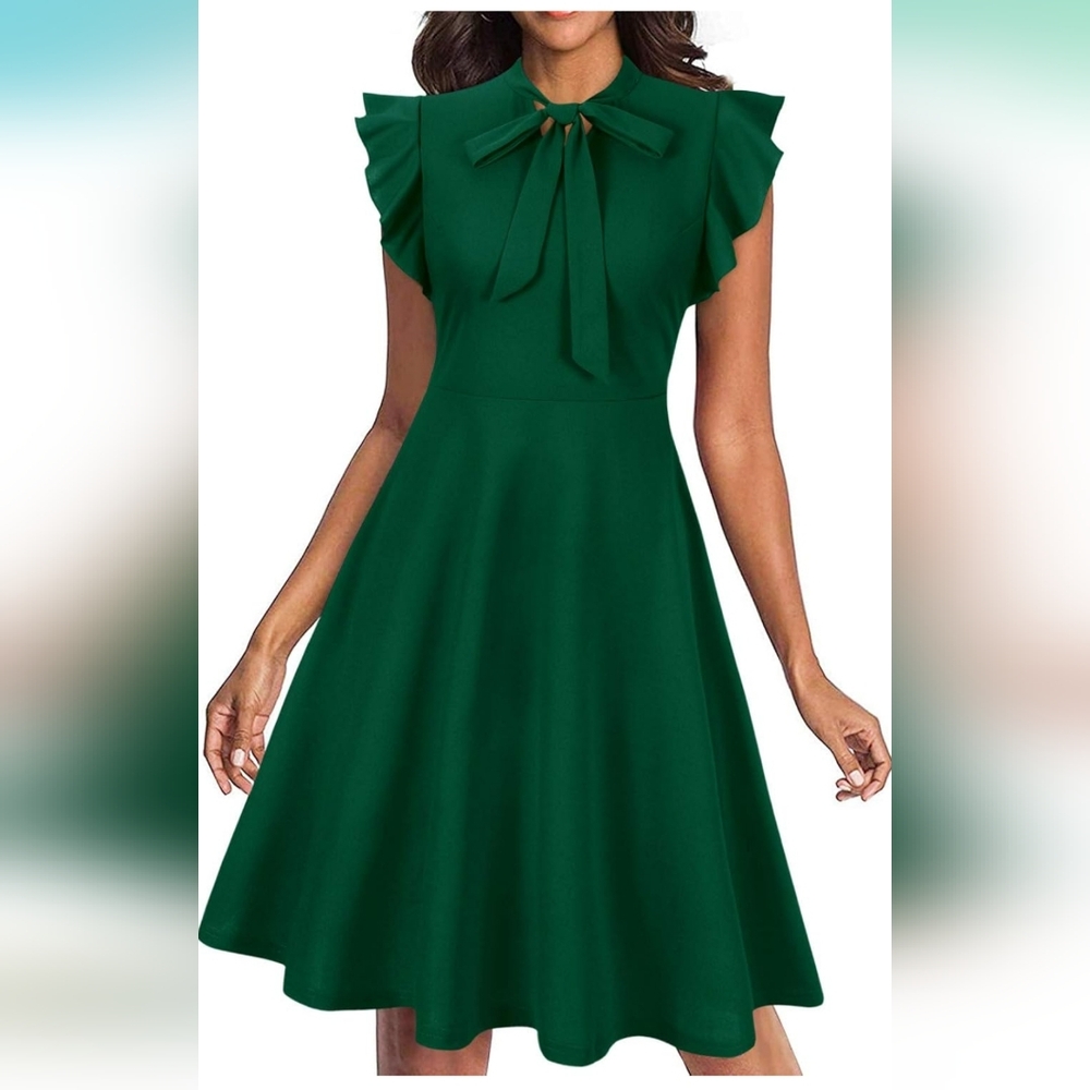 Womens Green Knee Length Dress Tie Neck Ruffle Sleeve, Large